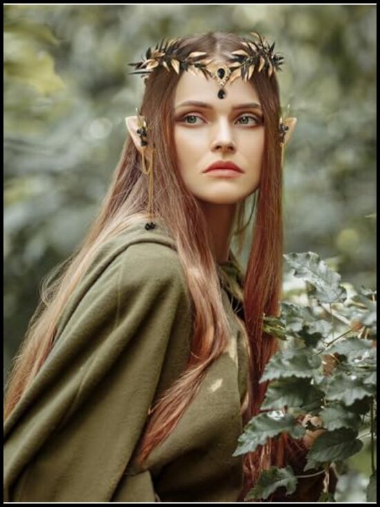 Fairy Flower Leaf Crown Tiara Elf Headpiece Cosplay Headband with Ear Cuffs